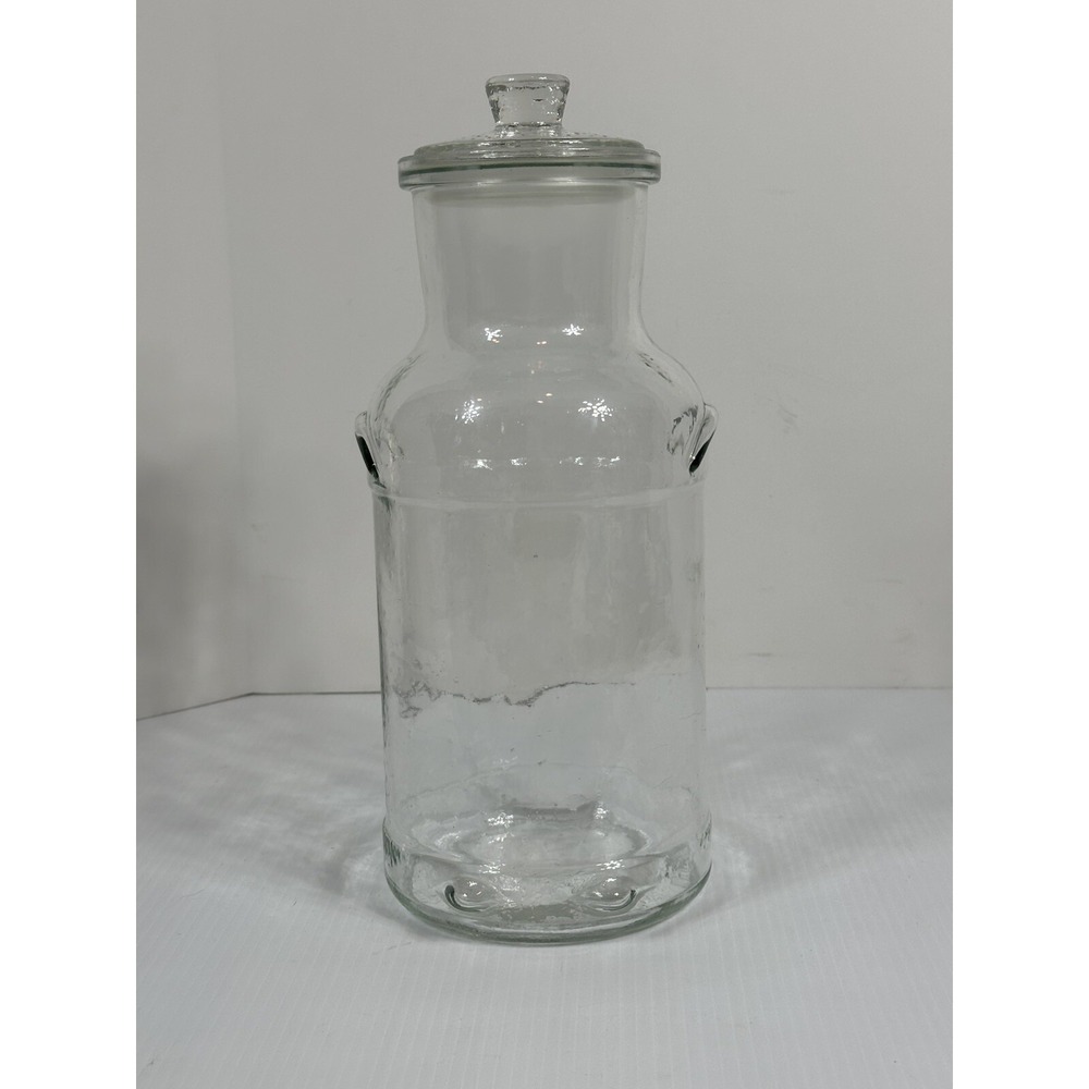 Vintage Large Milk Can Shape Bubble Handled Glass Apothecary Jar & Lid With Feet